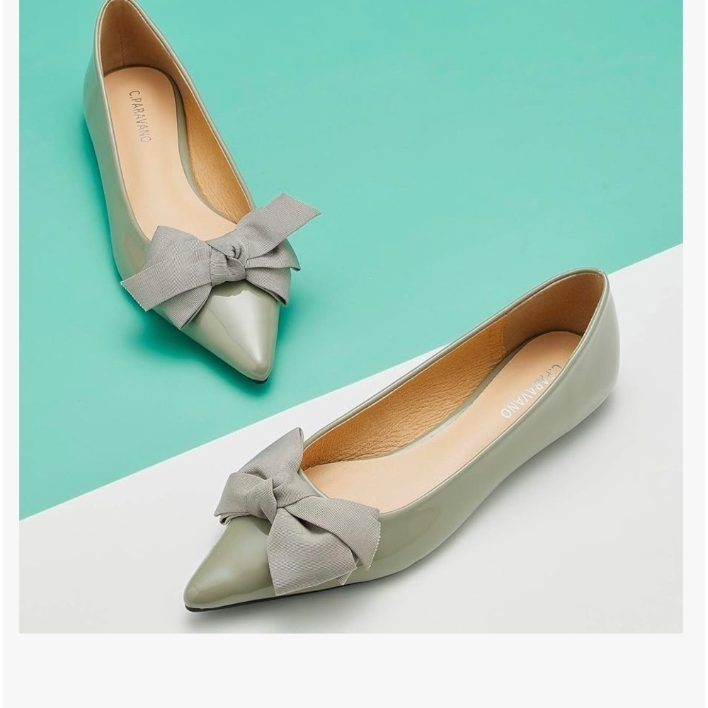 Caparravino Sage Green Patent Pointed Bow Ballet Flat - Picture 3 of 9